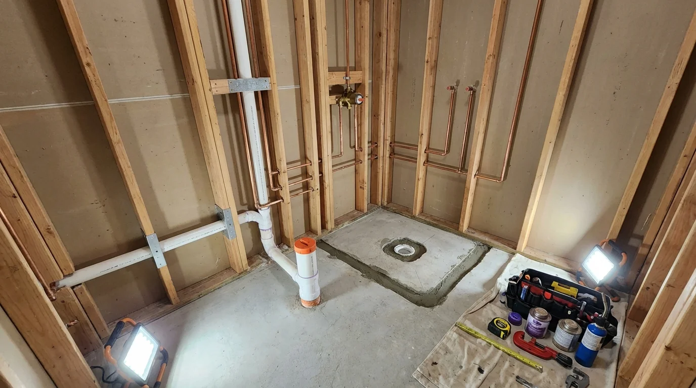 Bathroom rough-in plumbing during remodel by Johns Plumbing LLC in Sonora