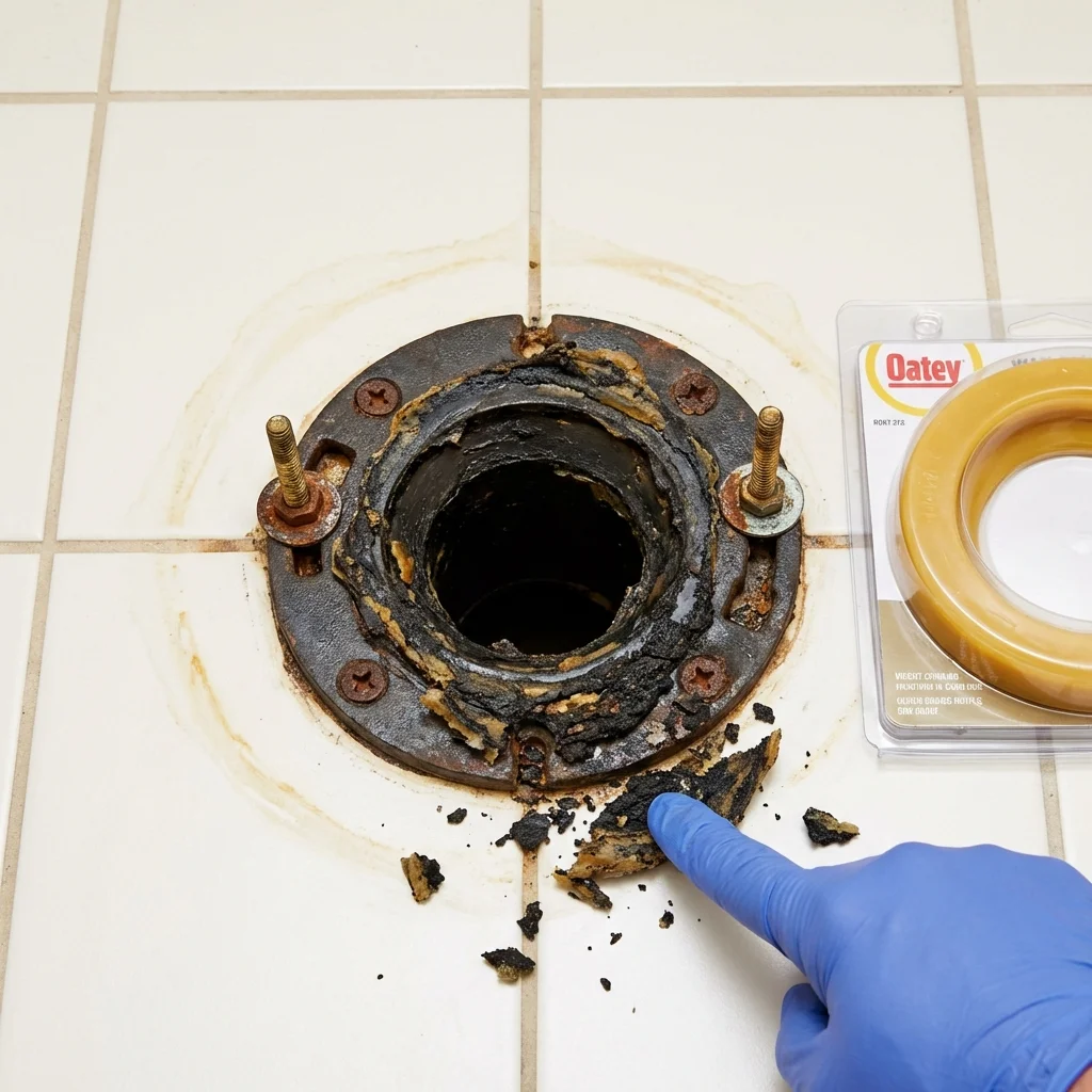 Failed wax ring showing water seepage at the base of a toilet in a Sonora, TX home
