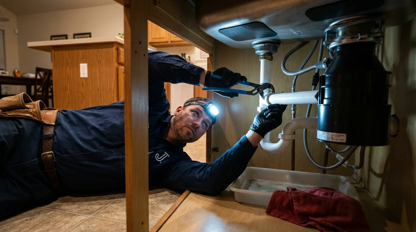 P-trap and supply line connections under a kitchen sink showing a common leak point in Sonora, TX
